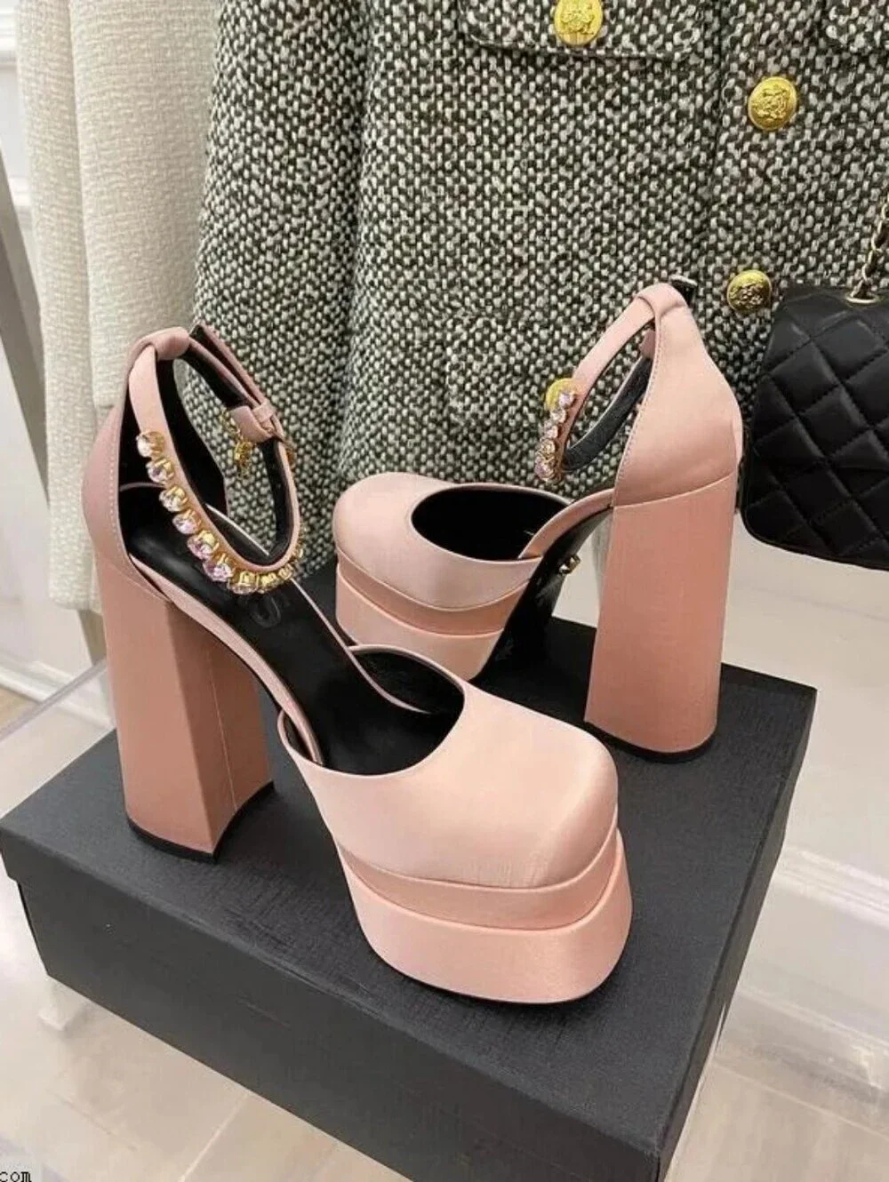 Platform Ankle-Strap Pumps in Blush Pink